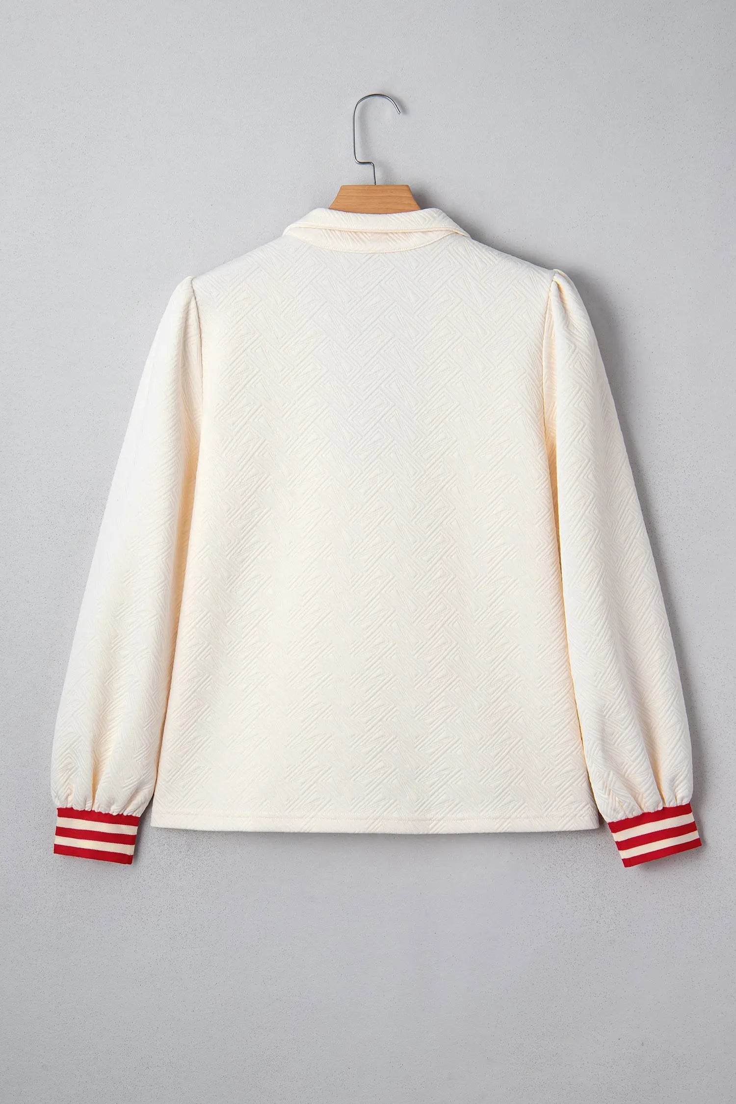 White Textured Knit Zipped Collar Pullover With Striped Contrast Accent Dear-Lover Dropshipping
