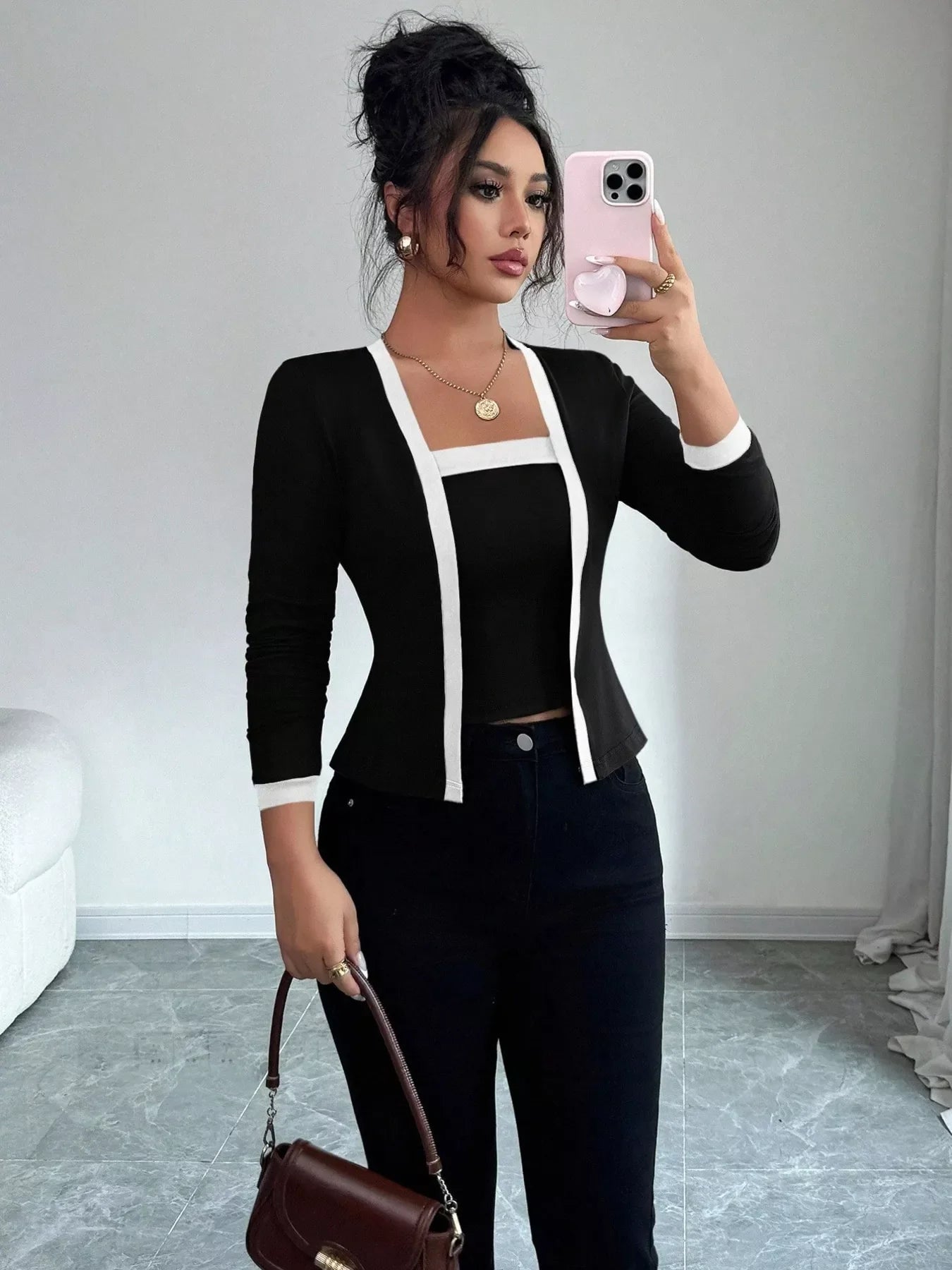Contrast Trim Cardigan & Tank Top Set Simply Love