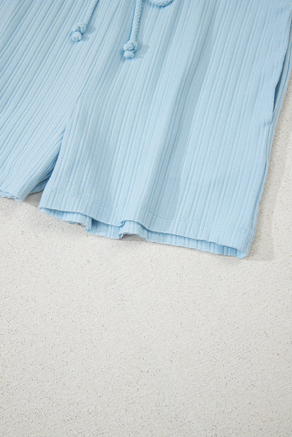Beau Blue Ribbed Button V Neck Tank Top and Shorts Set