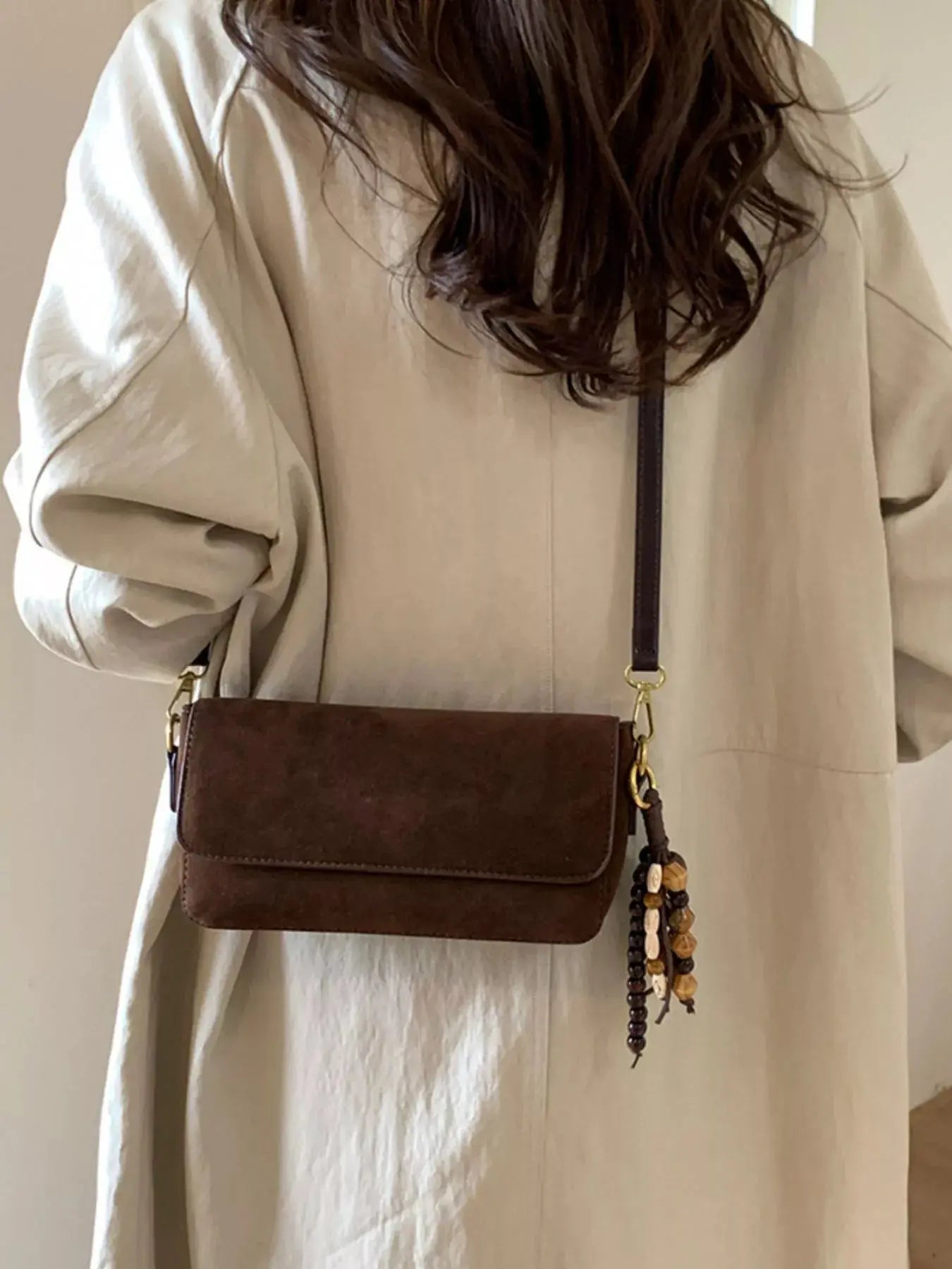 Brown Suede Small Flap Shoulder Bag With Adjustable Strap Simply Love