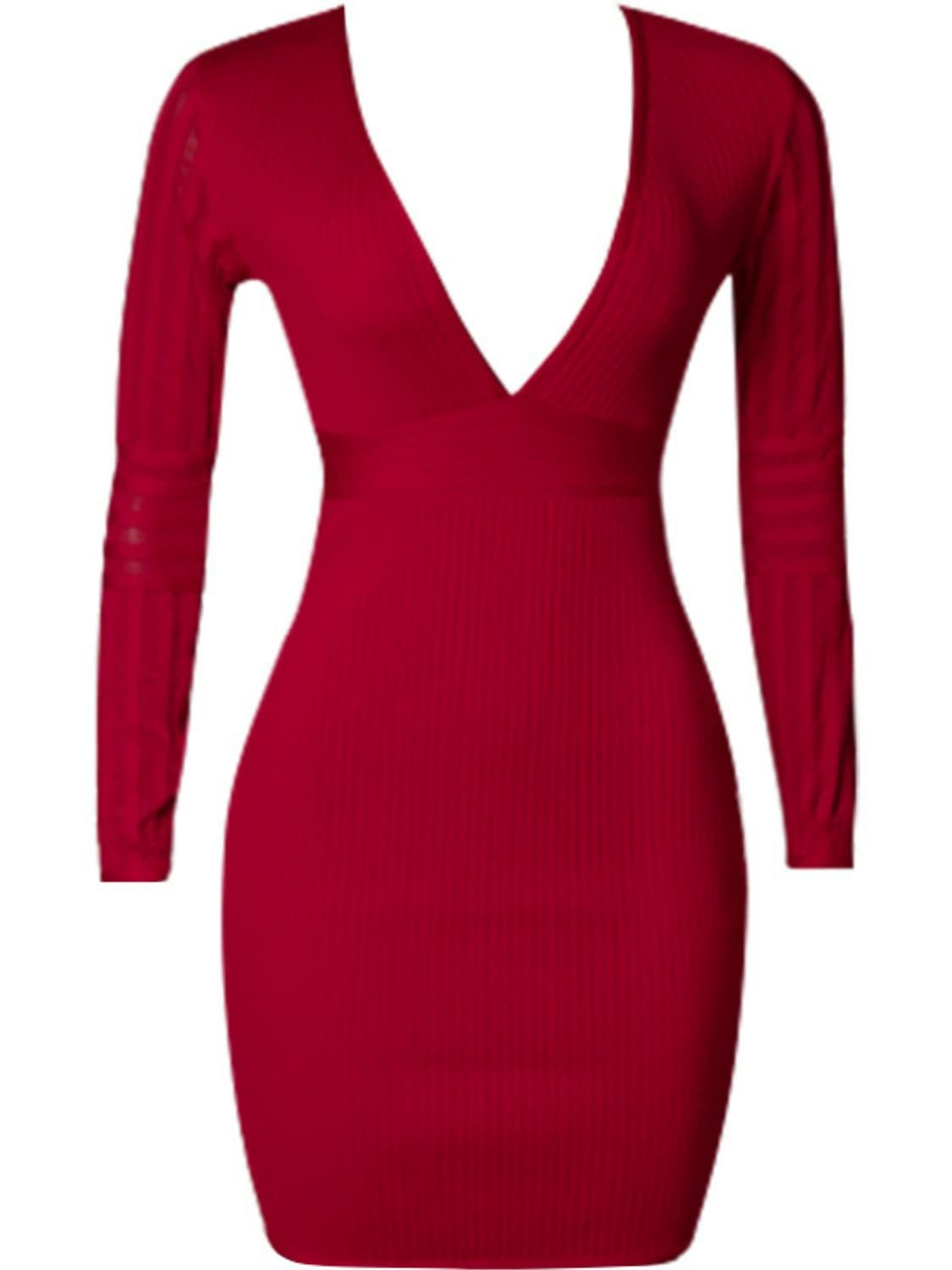 Ribbed Deep V Long Sleeve Mini Bandage Dress.