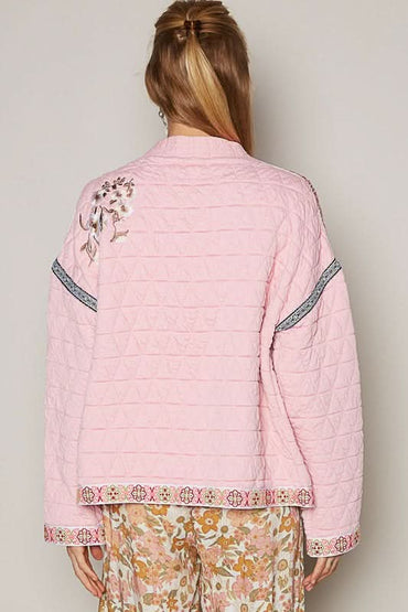 Embroidered Open Front Chic Long Sleeve Jacket