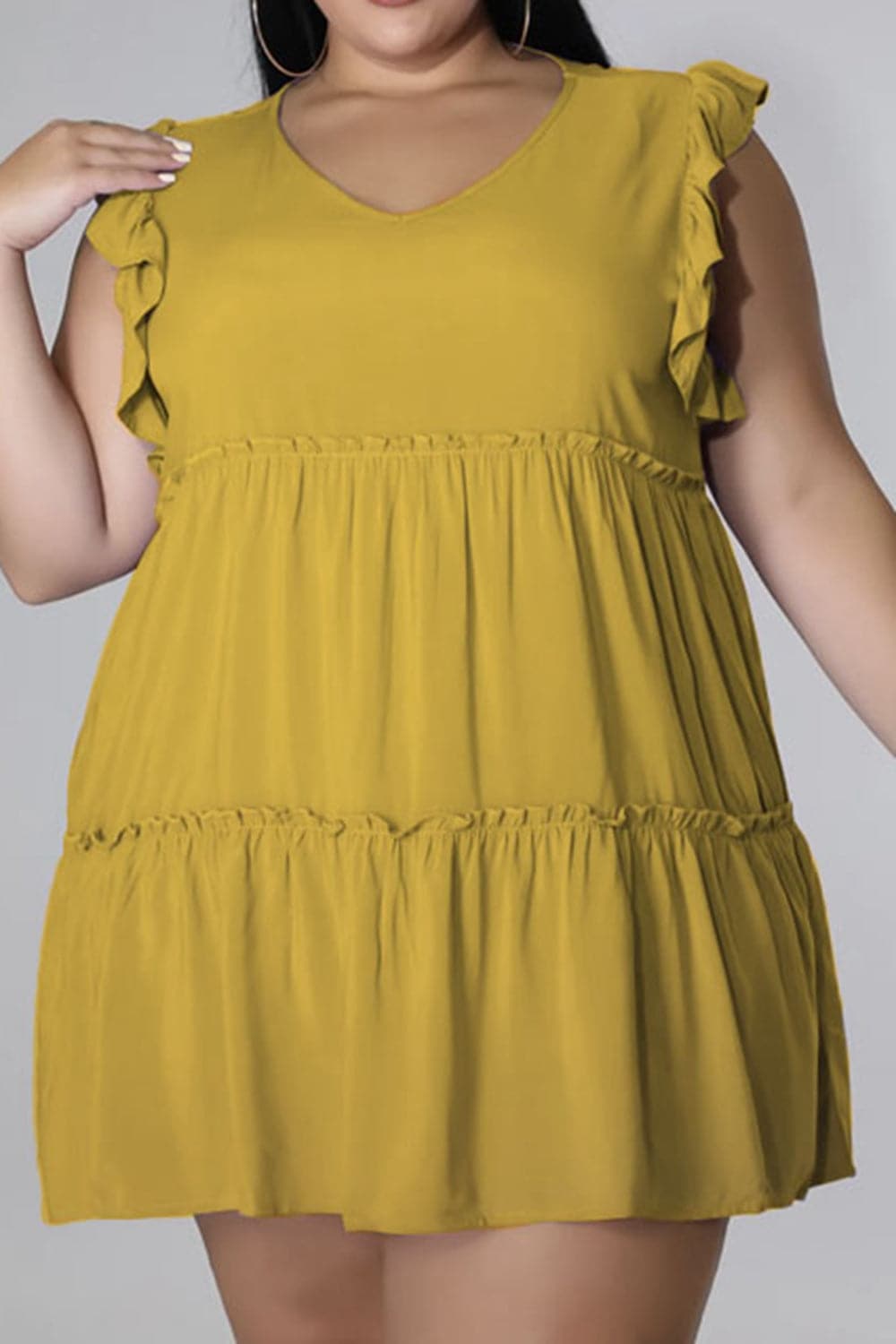 Plus Size V-Neck Frill Trim Mini Dress.