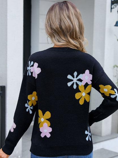 Floral print dropped shoulder sweater with round neck