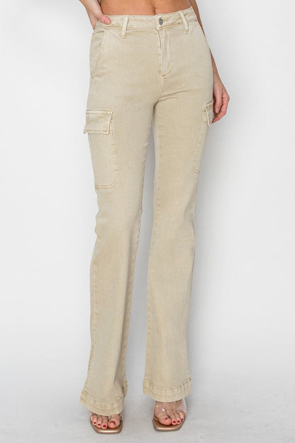 RISEN Full Size High Rise Side Slit Cargo Bootcut Jeans.