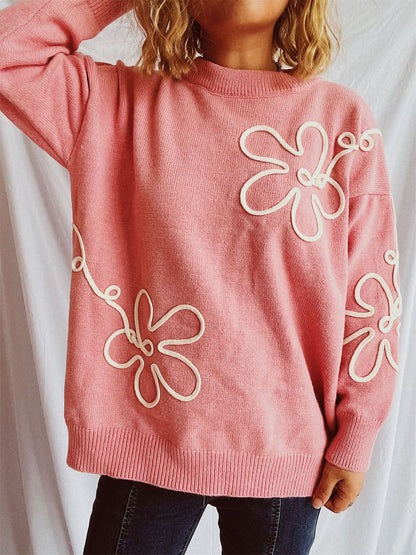 Flower Round Neck Long Sleeve Sweater