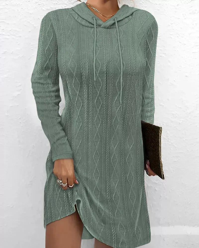 Casual Long Sleeve Hooded Cable Knit Dress With Drawstring Slit Simply Love