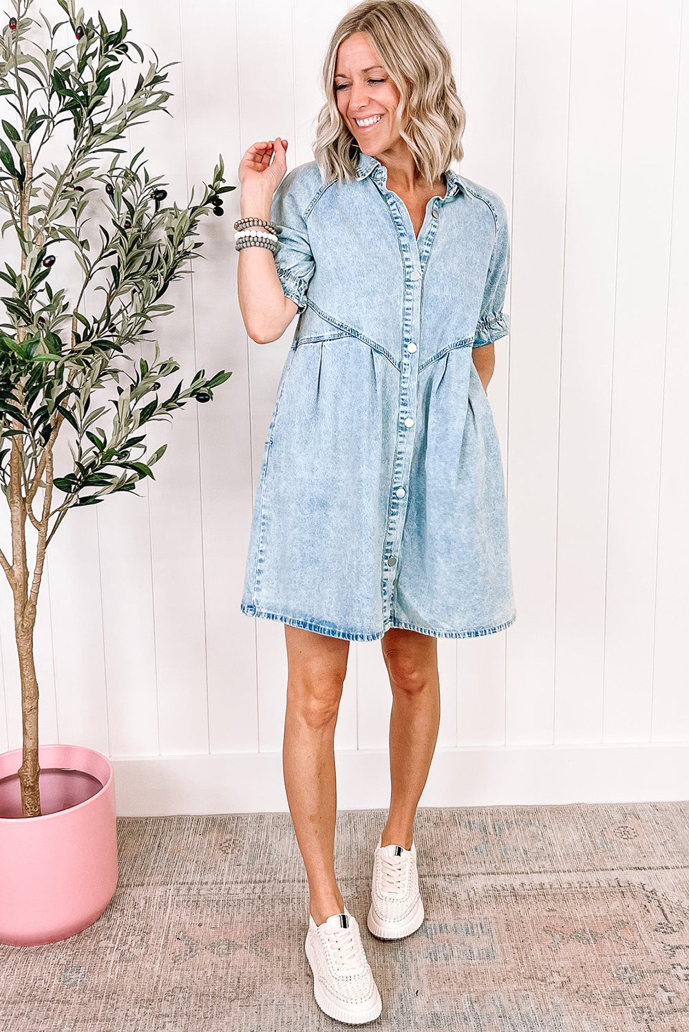 Beau Blue Mineral Wash Ruffled Short Sleeve Denim Dress