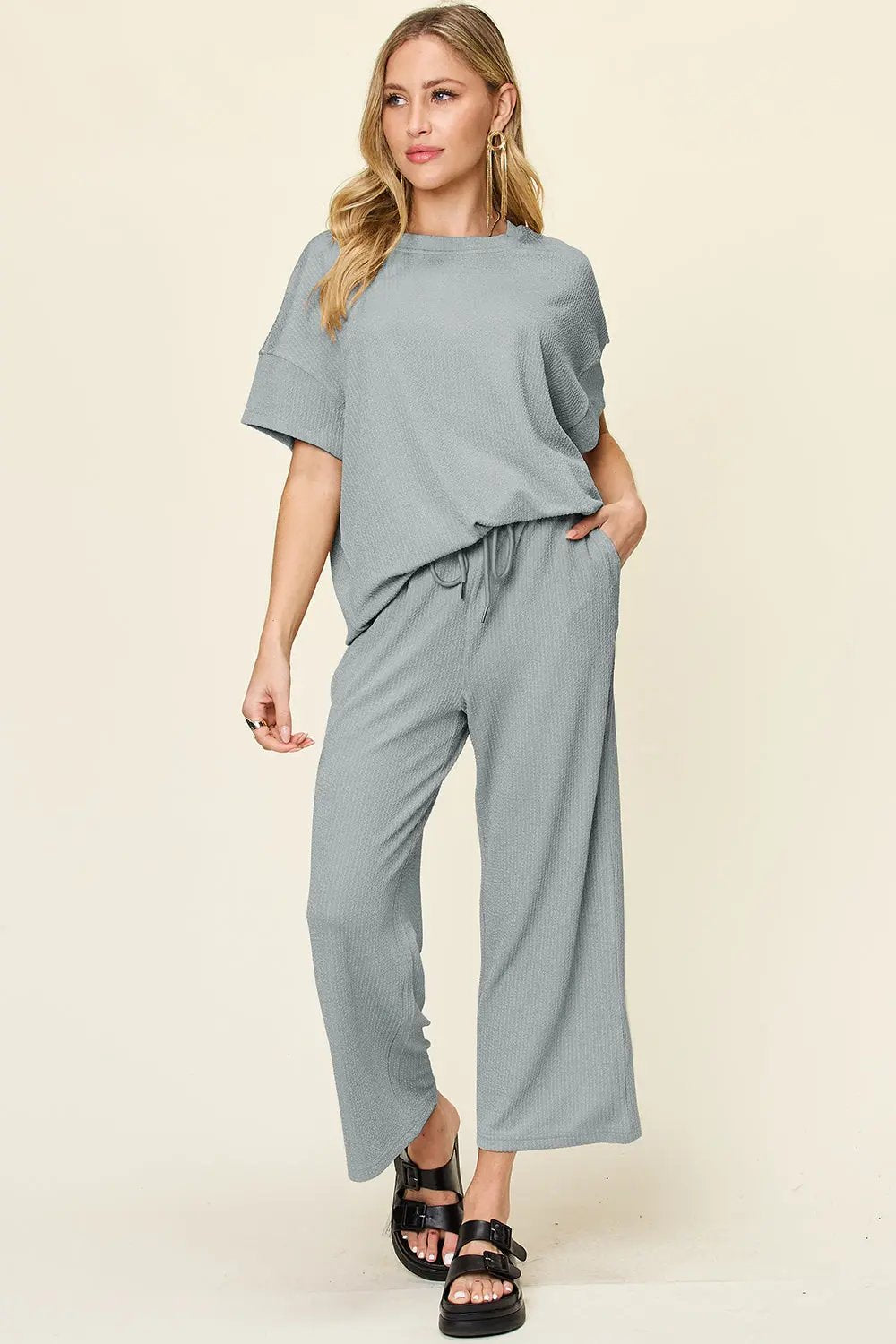 Double Take Full Size Texture Round Neck Short Sleeve T-Shirt and Wide Leg Pants - Love Salve