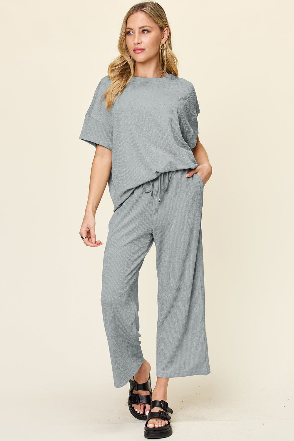 Double Take Full Size Texture Round Neck Short Sleeve T-Shirt and Wide Leg Pants.