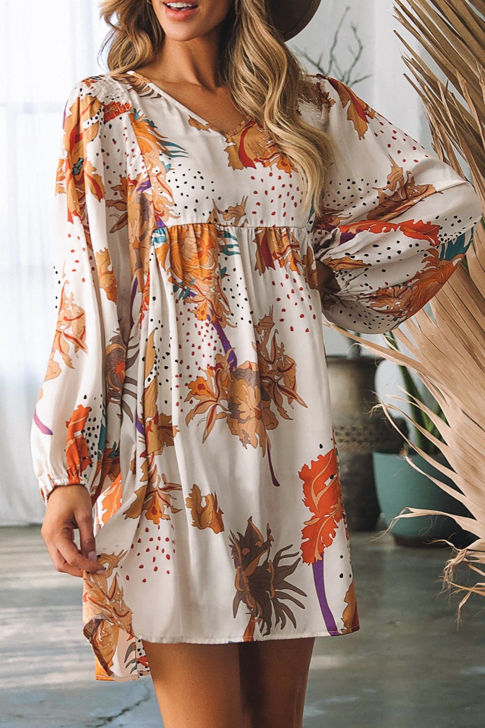 Printed V-Neck Balloon Sleeve Mini Dress.