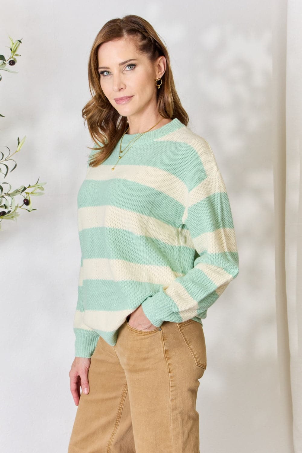 Sew In Love Full Size Contrast Striped Round Neck Sweater.