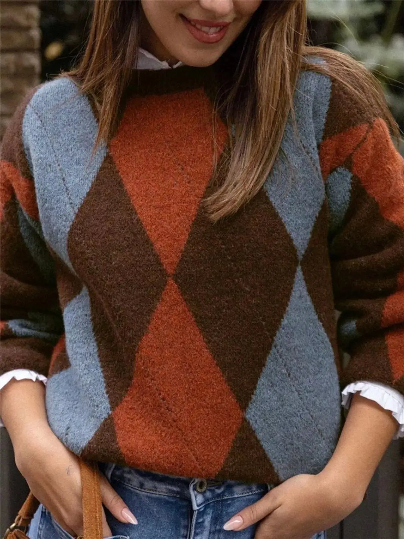 Vintage Argyle Round Neck Sweater Simply Love
