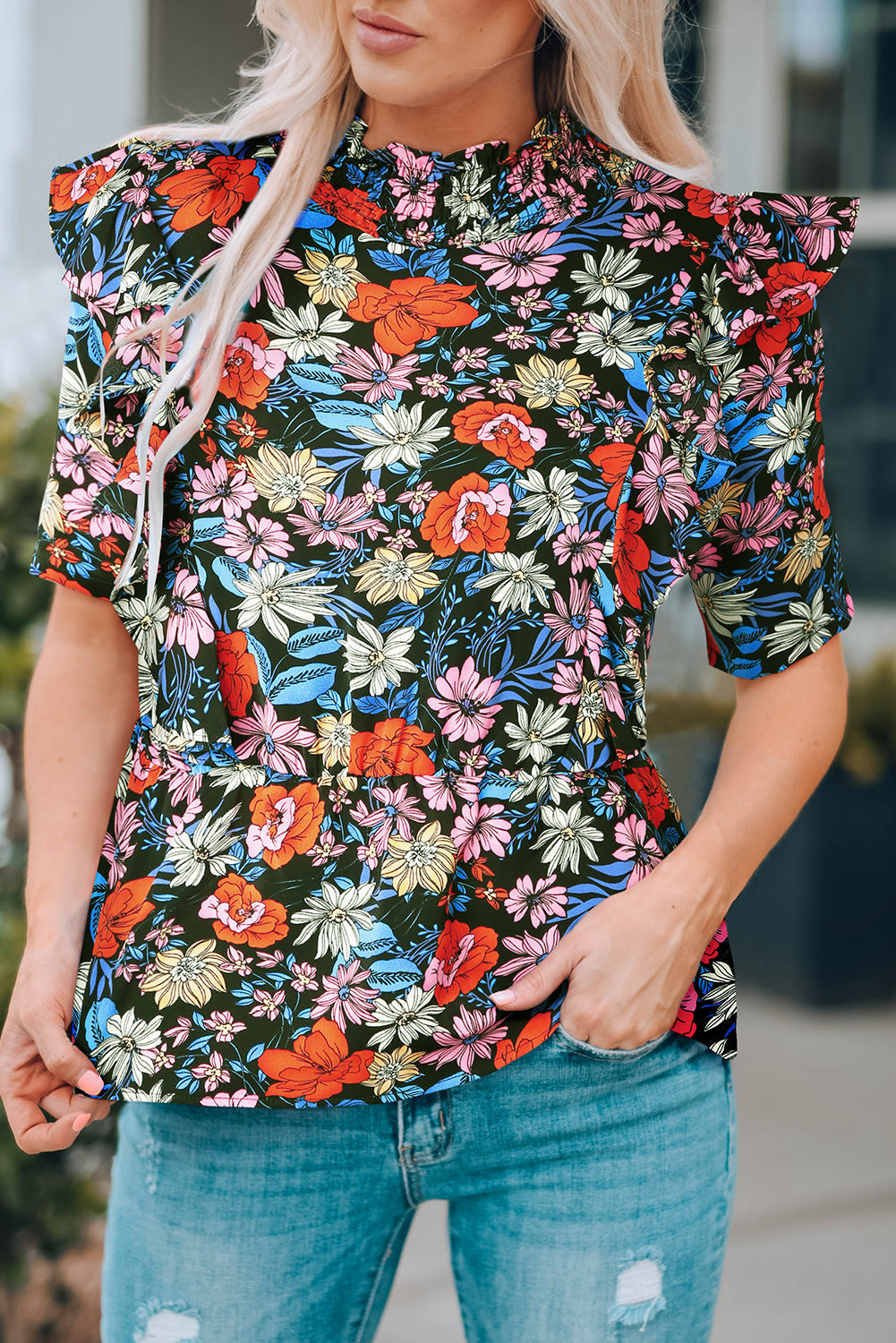 Floral Ruffle Shoulder Frill Neck Blouse Coco’s Tee Boutique