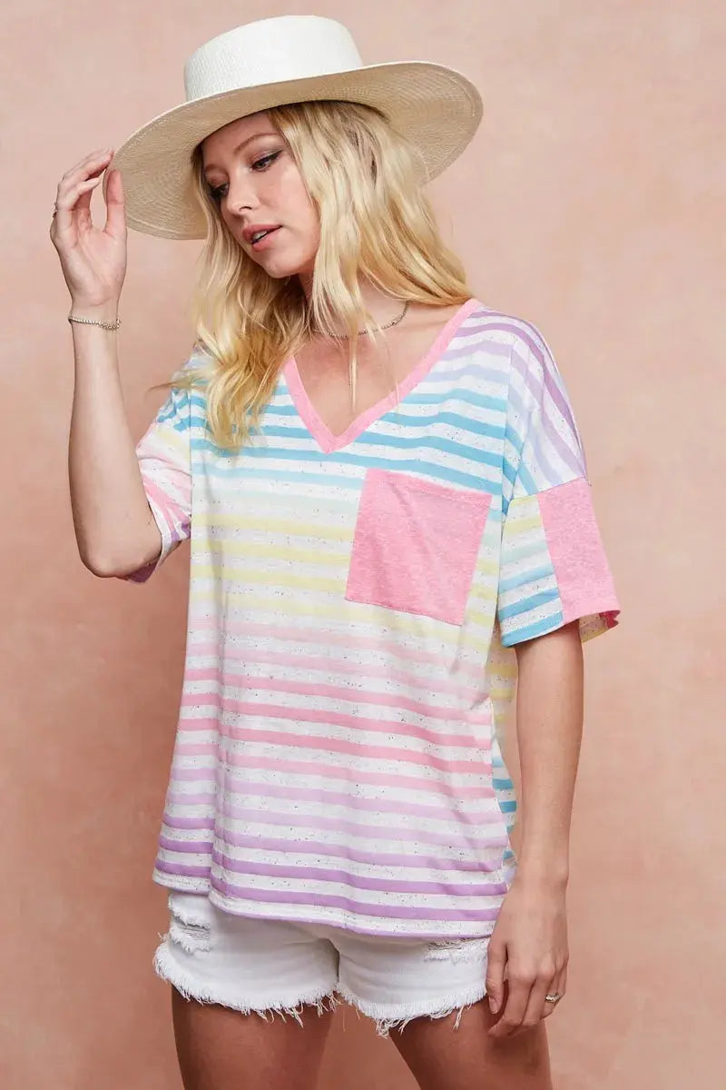 BiBi Rainbow Stripe Printed Triblend Knit Top - Love Salve 