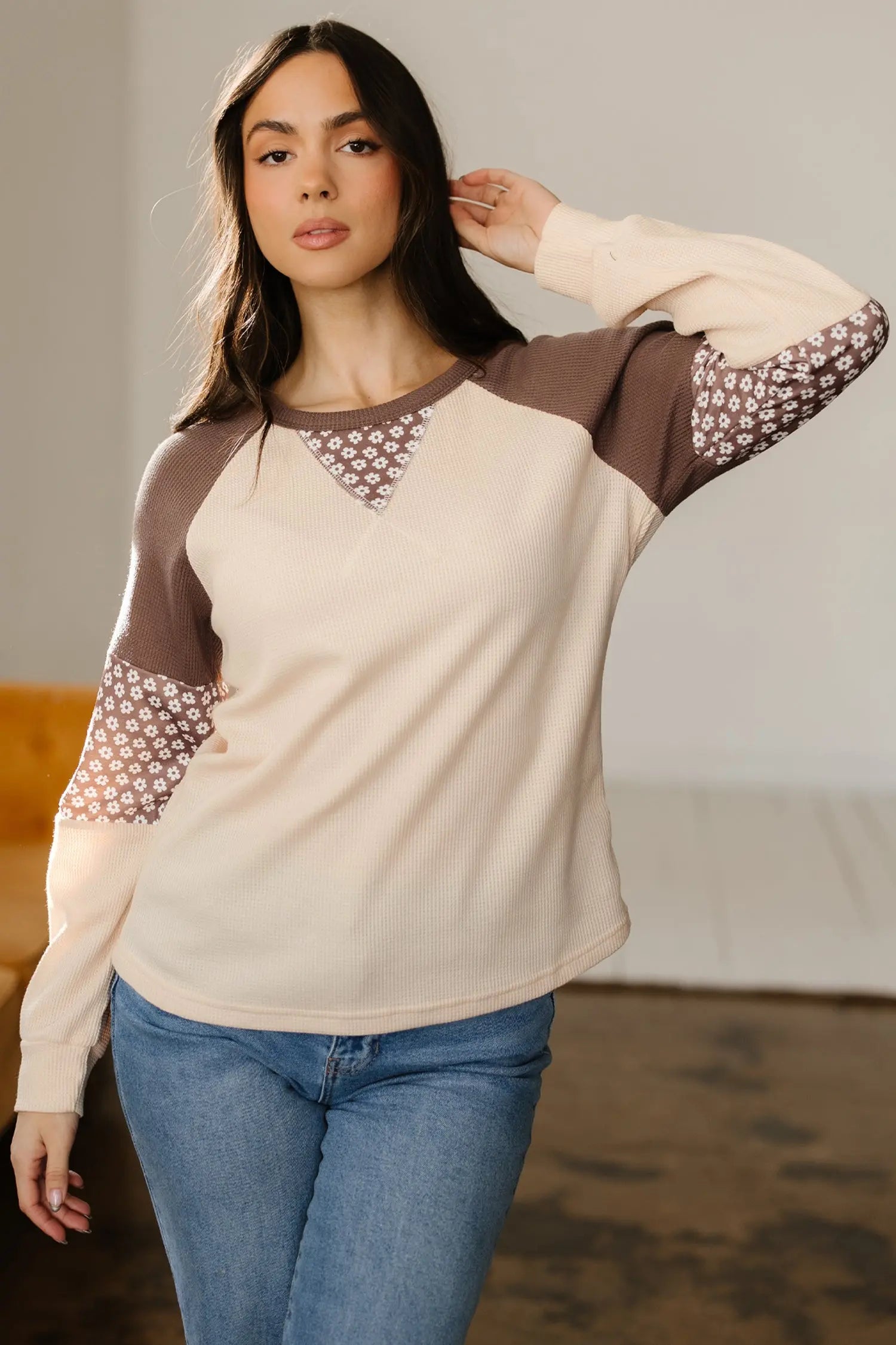 Dear-Lover Brown Floral Top Women's Fall Fashion Patchwork Long Sleeve Southern Belle Style Dear-Lover Dropshipping