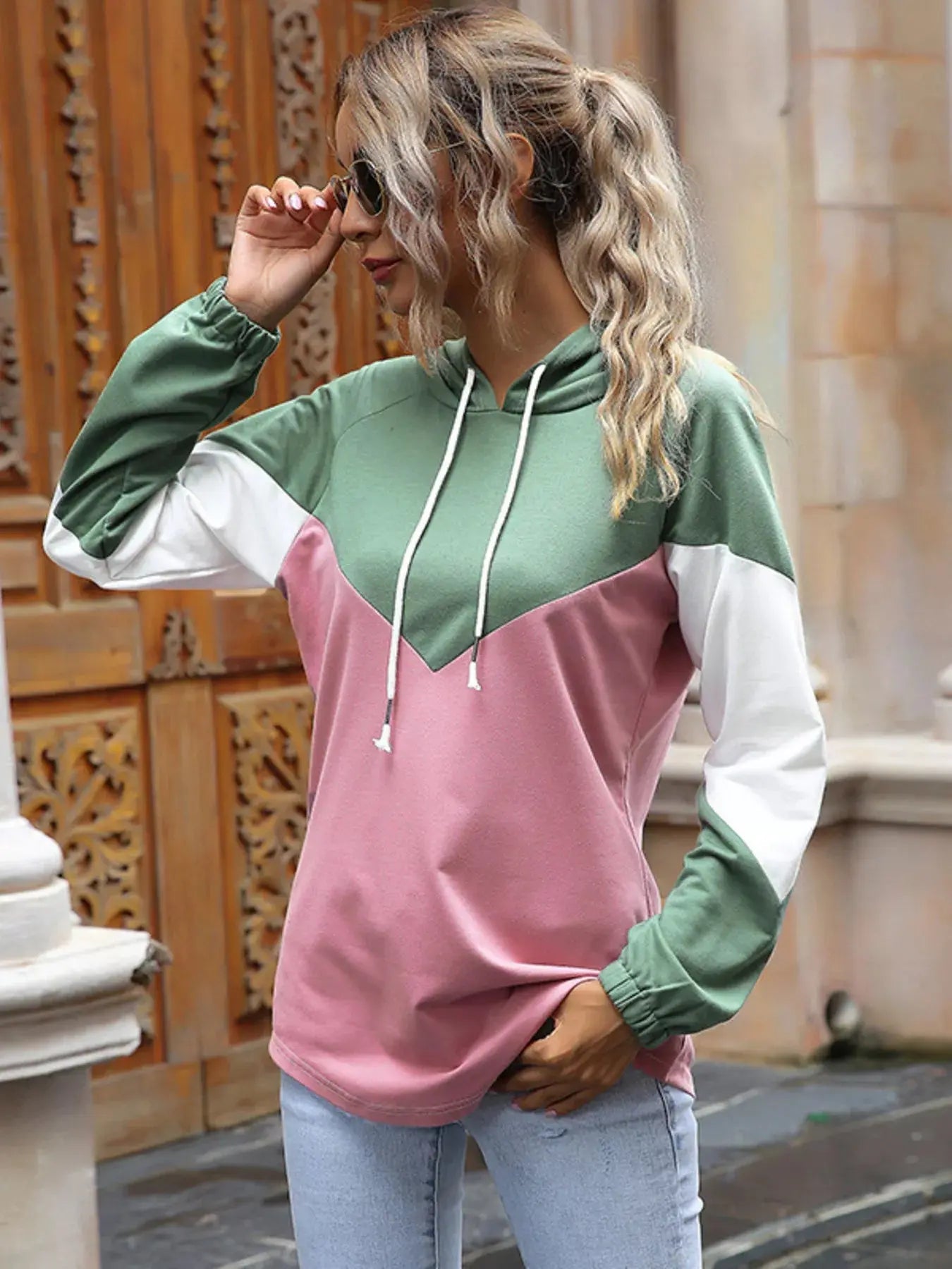 Color Block Women Hoodie Long Sleeve Drawstring Pullover Casual Simply Love
