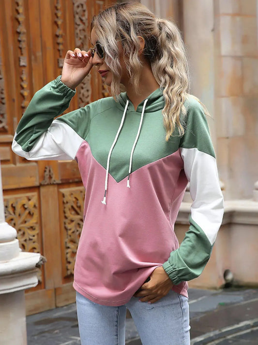 Color Block Women Hoodie Long Sleeve Drawstring Pullover Casual Simply Love
