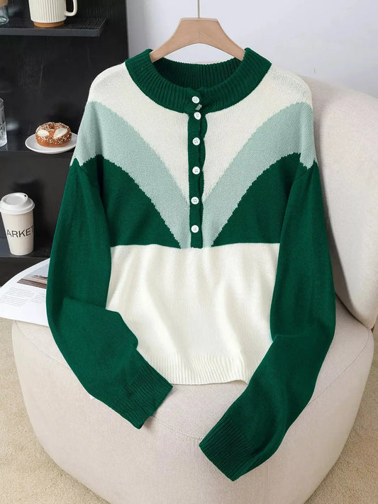 Color Block Button Detail Sweater With Green Panels Acrylic Knit Pullover Simply Love