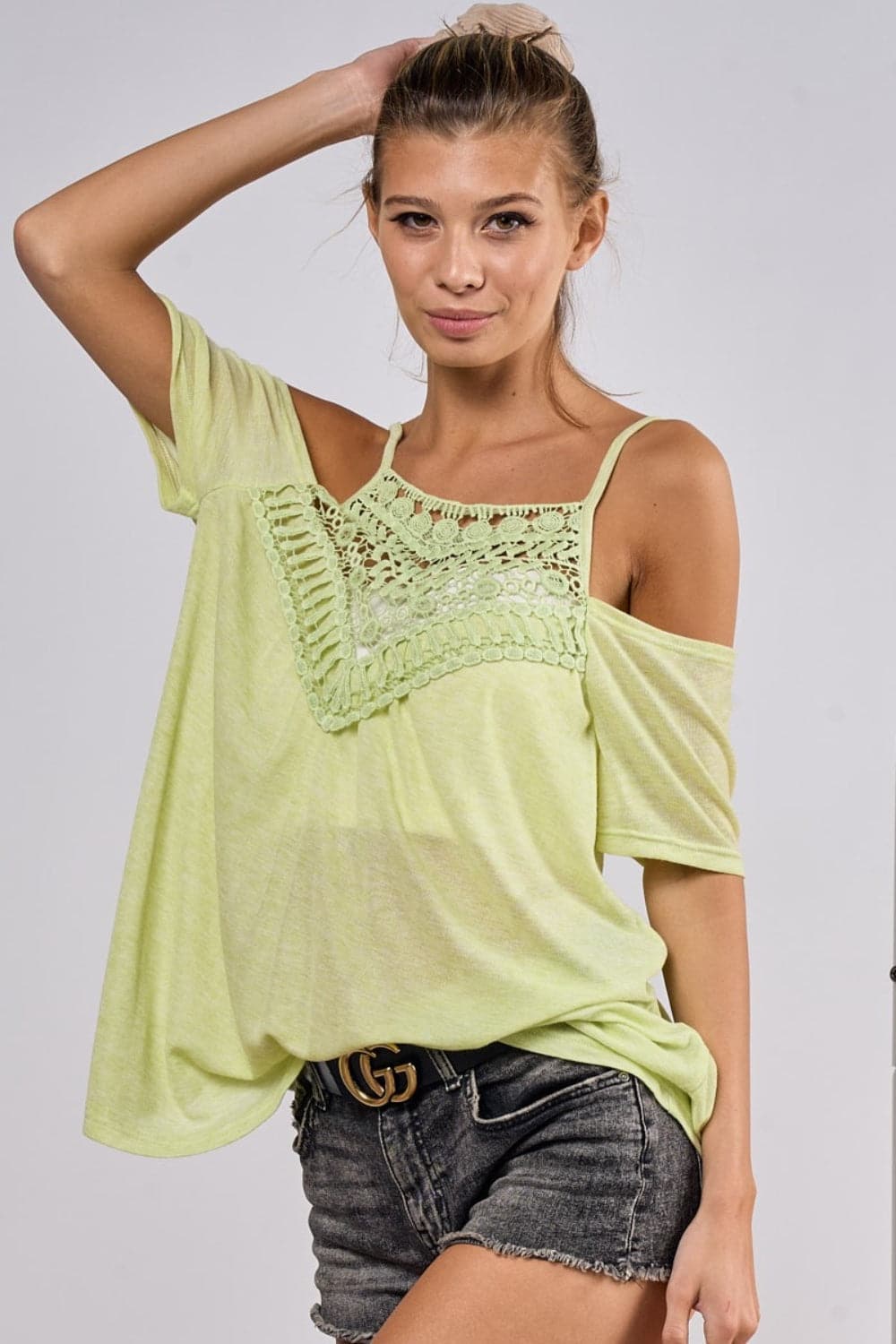 BiBi Front Crochet Lace Adjustable Strap Top.