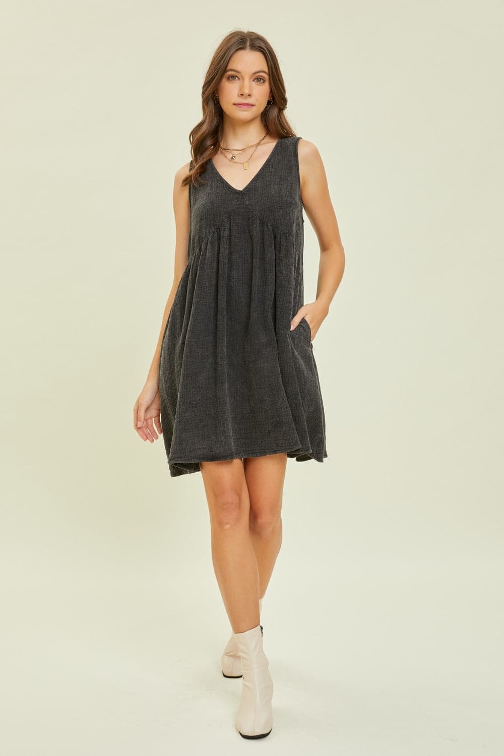 HEYSON Full Size Texture V-Neck Sleeveless Flare Mini Dress.