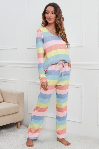 Striped Long Sleeve Lounge Set with Drawstring Pants and Round Neck Top