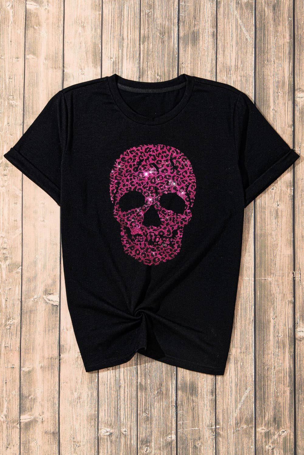 Rhinestone Round Neck Short Sleeve T-Shirt.