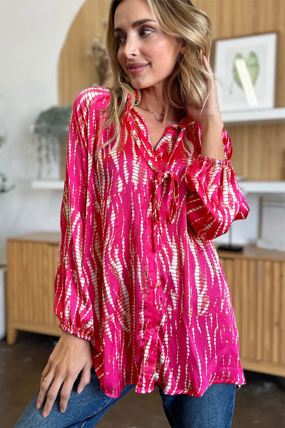 Double Take Full Size Printed Button Up Long Sleeve Shirt - Love Salve