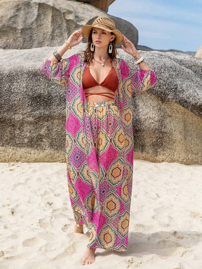 Printed Open Front Cardigan and Pants Set.