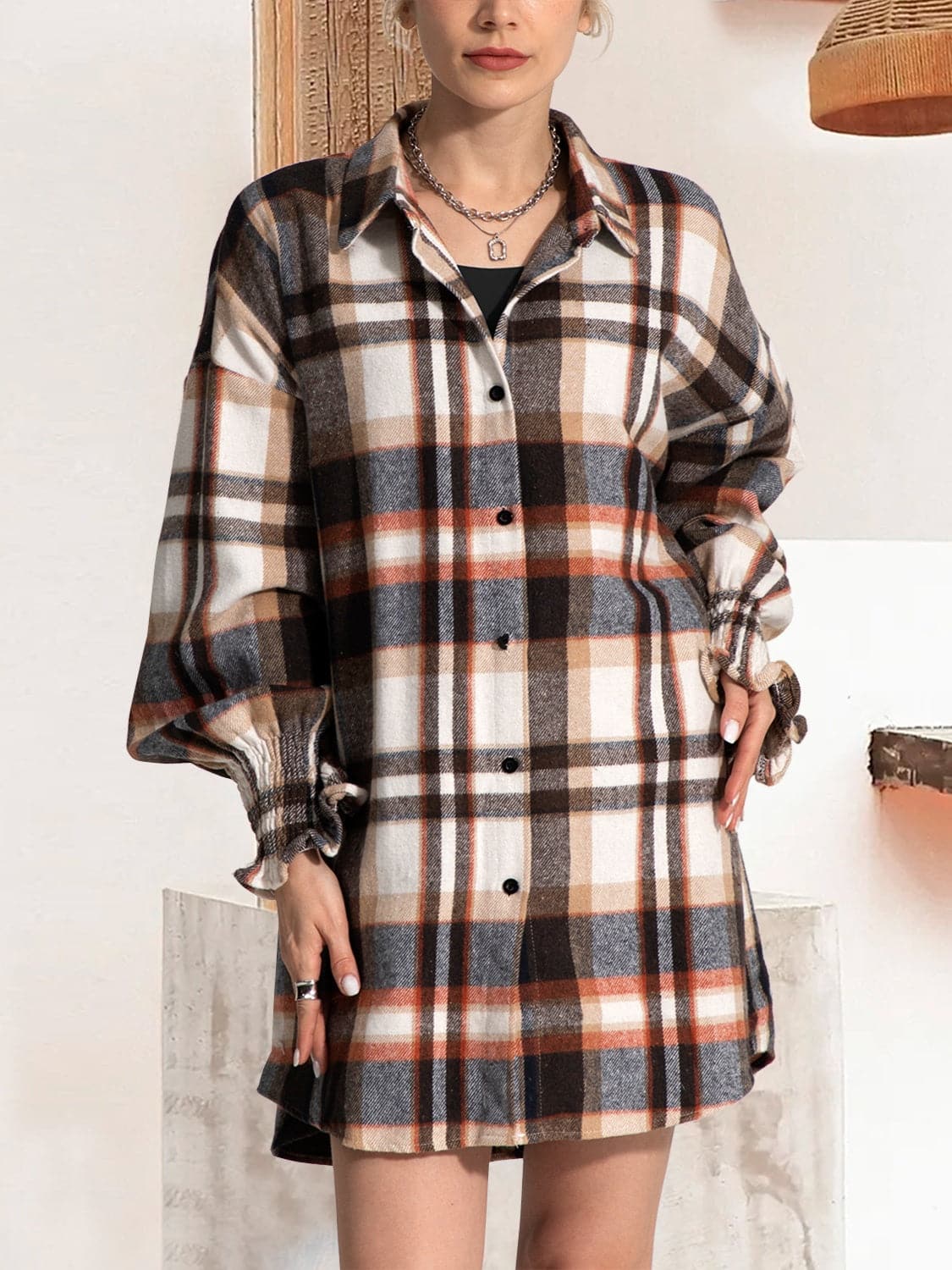 Chic button-up plaid shirt dress with long sleeves