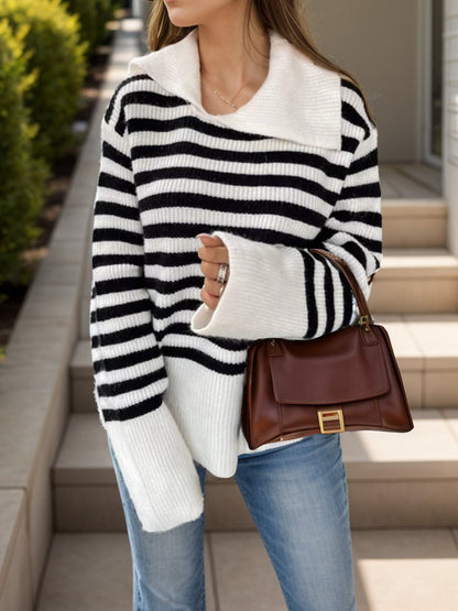 Striped Collared Neck Long Sleeve Sweater.