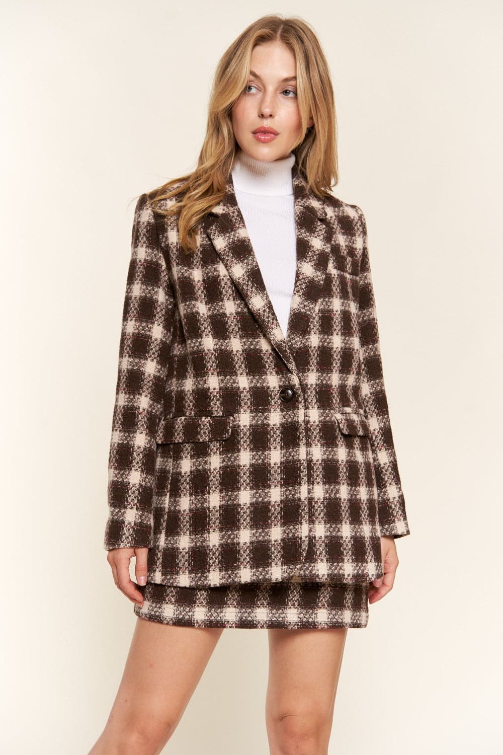 And The Why Full Size Plaid Brushed One Button Blazer.