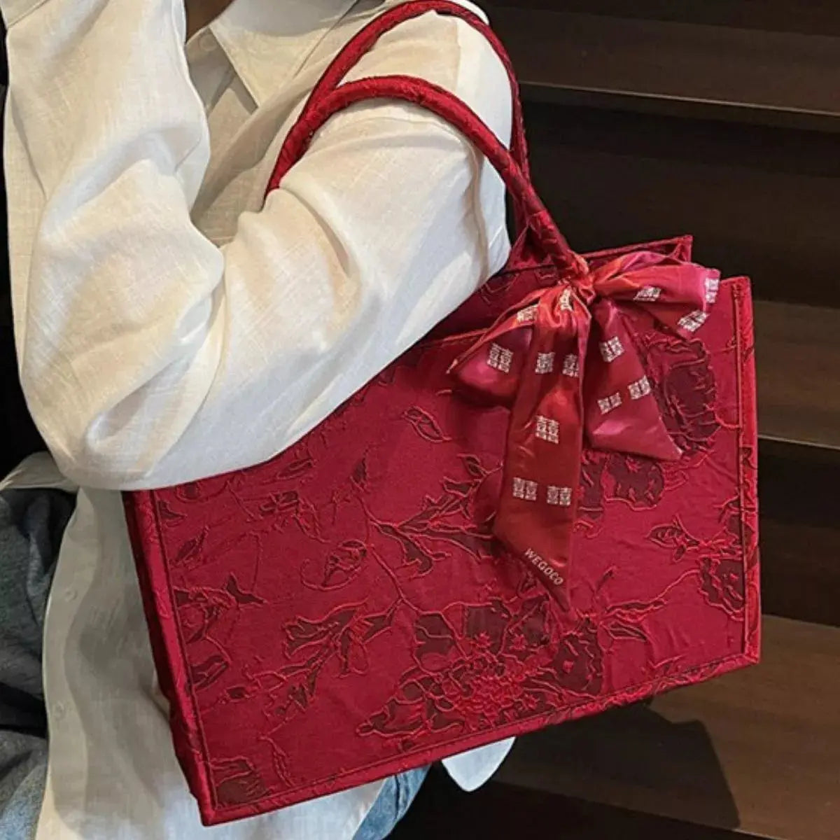 Floral Embossed Tote Handbag with Scarf Accent Simply Love