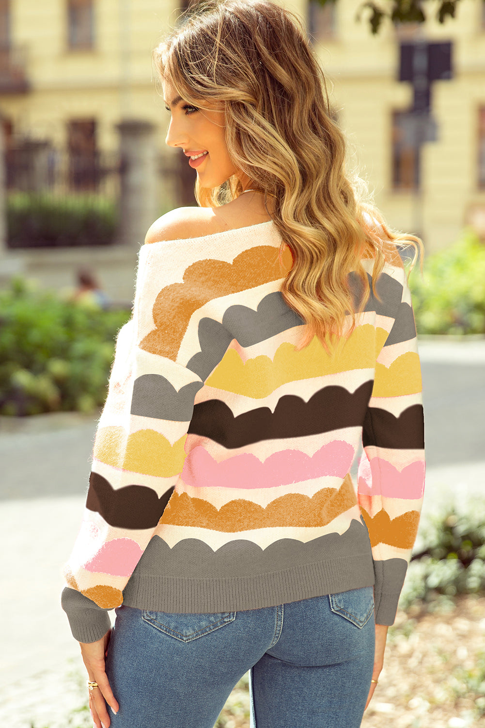 Chic yellow striped balloon sleeve sweater