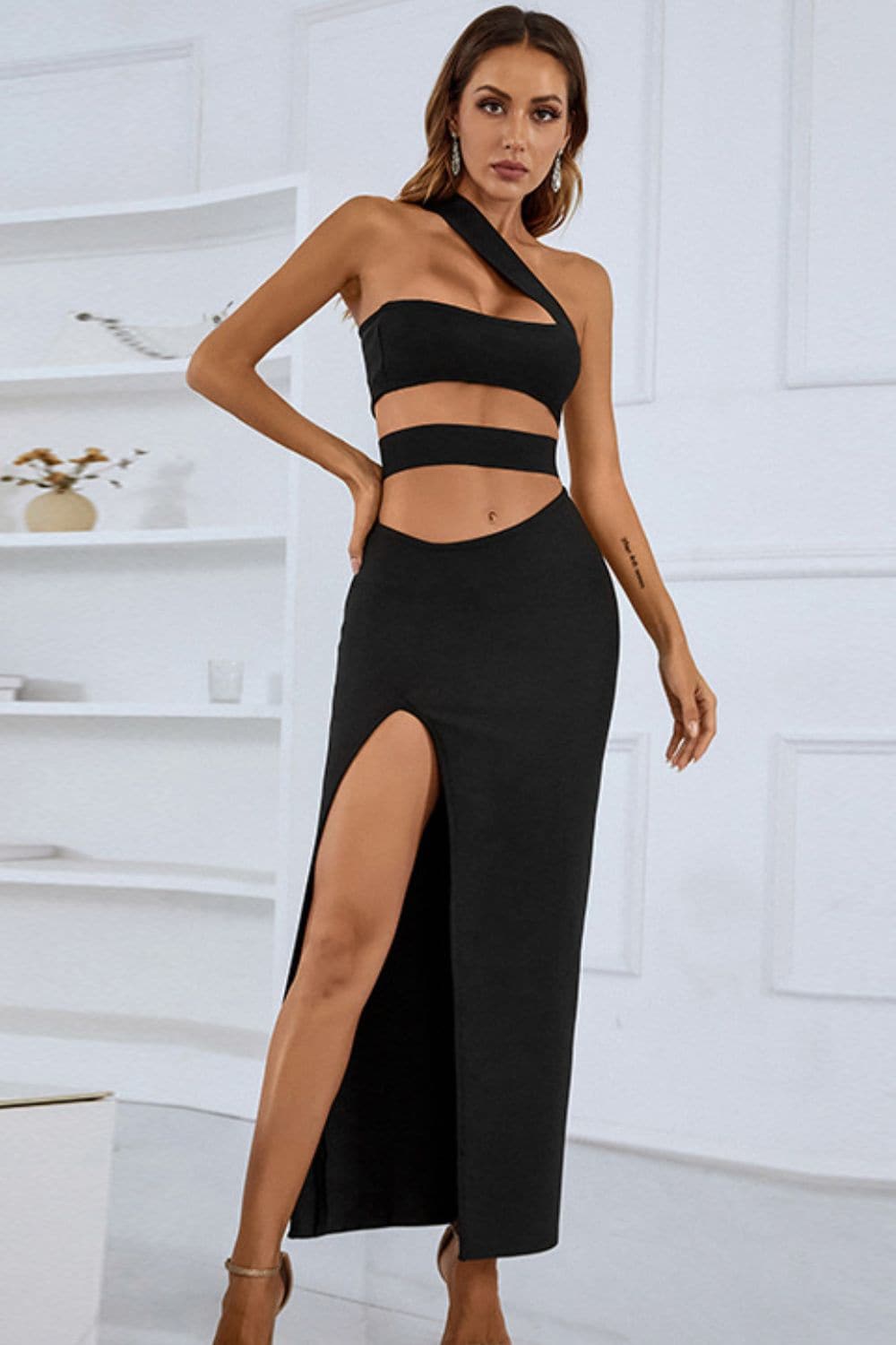 One-Shoulder Cutout Front Split Maxi Dress.