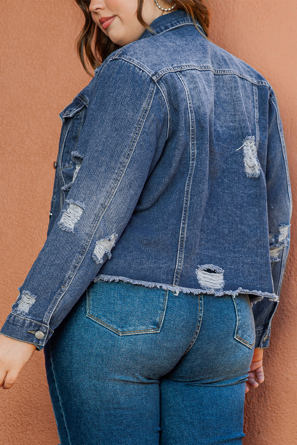 Chic dark blue plus size distressed denim jacket with flap pockets