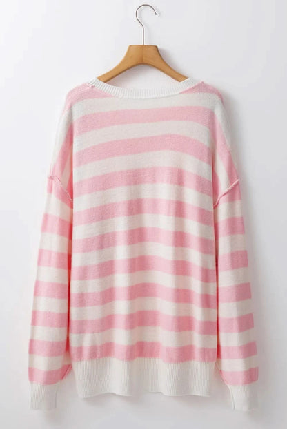 Exposed Seam Striped Round Neck Long Sleeve Sweater