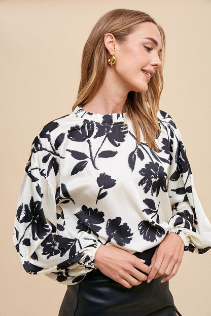 Midnight Bloom Frill Balloon Sleeve Blouse