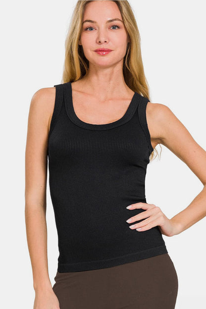 Zenana 2 Way Neckline Washed Ribbed Tank.