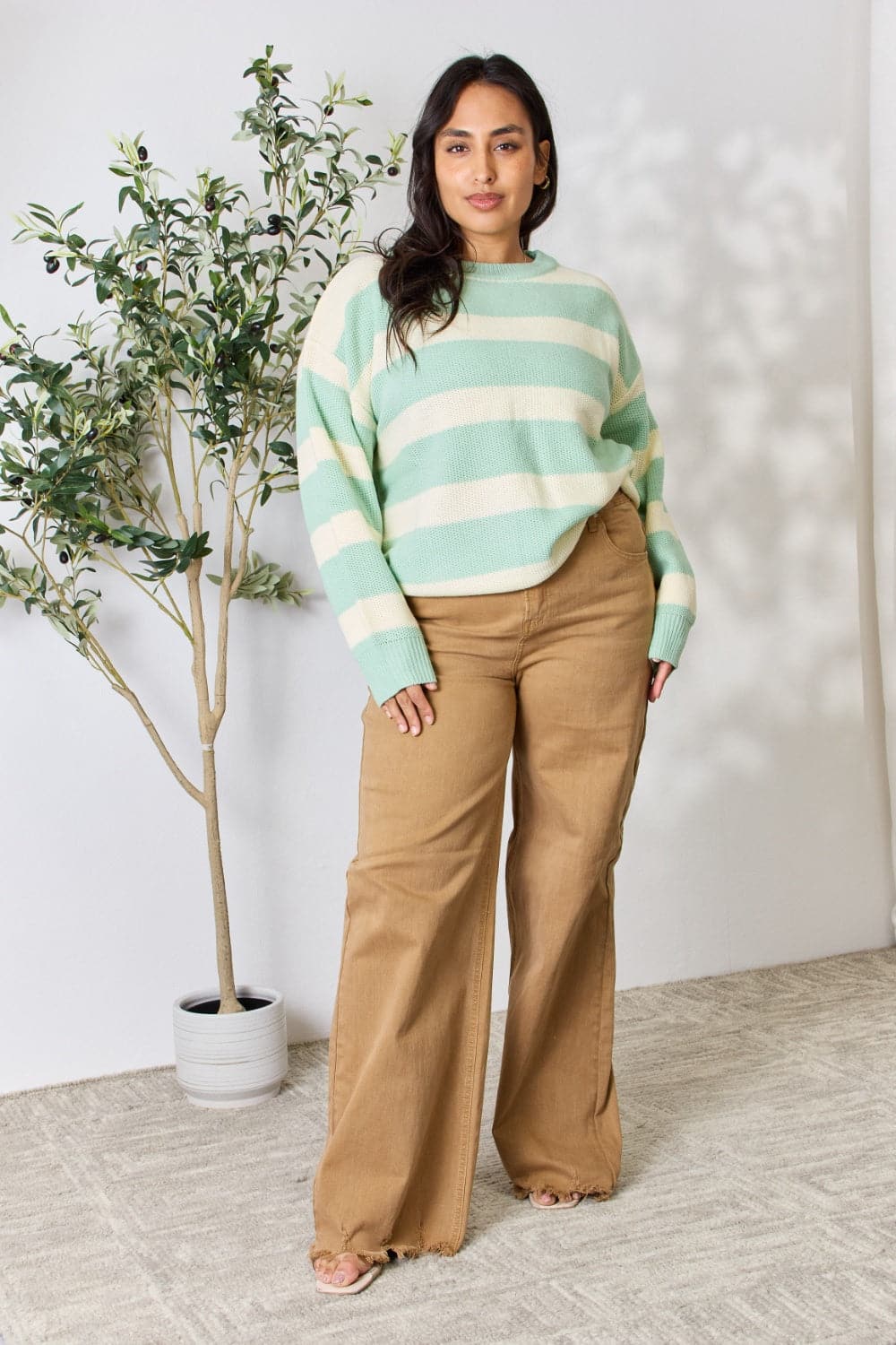 Sew In Love Full Size Contrast Striped Round Neck Sweater.