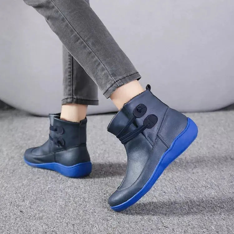 Women Button Detail Ankle Boots PU Leather Flat Heel Rubber Sole Simply Love