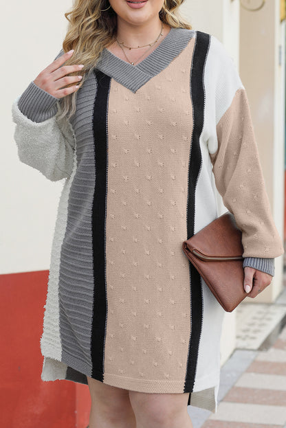 Chic apricot color block plus size sweater dress with boucl texture