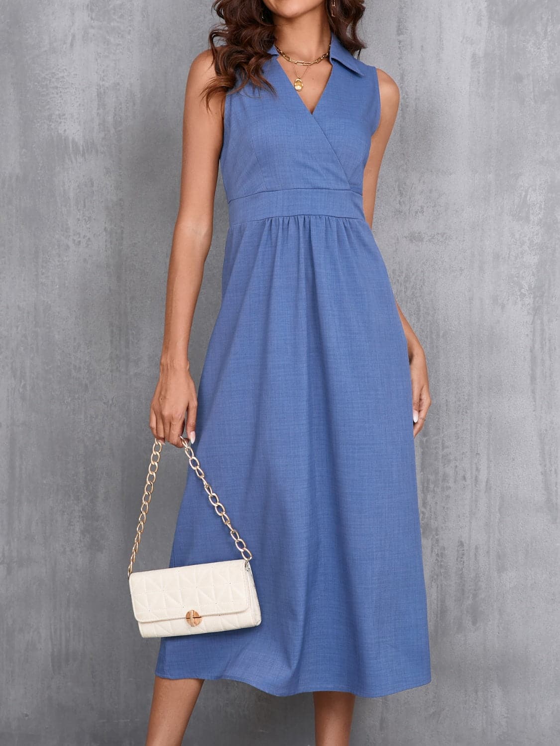 Ruched Sleeveless Midi Dress.