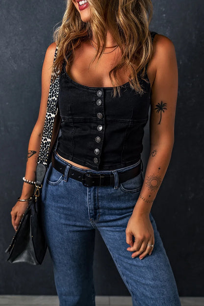 Acid Wash Buttoned Cropped Slim Denim Tank Top - Product side view by Simply Love