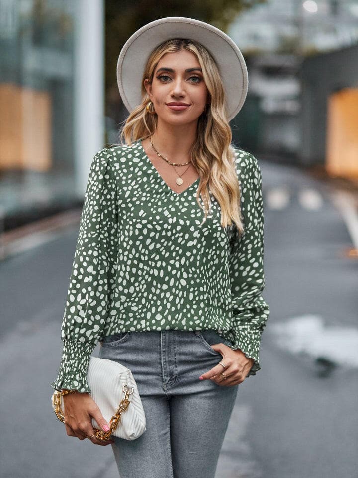 Printed V-Neck Lantern Sleeve Blouse.