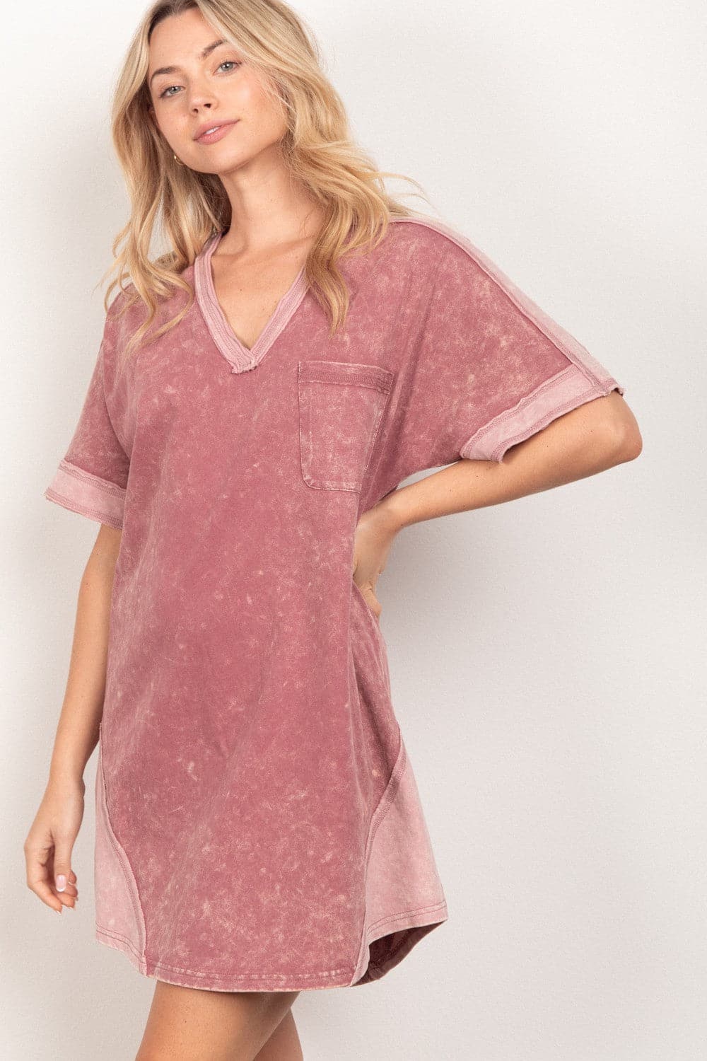 VERY J Short Sleeve V-Neck Tee Dress.