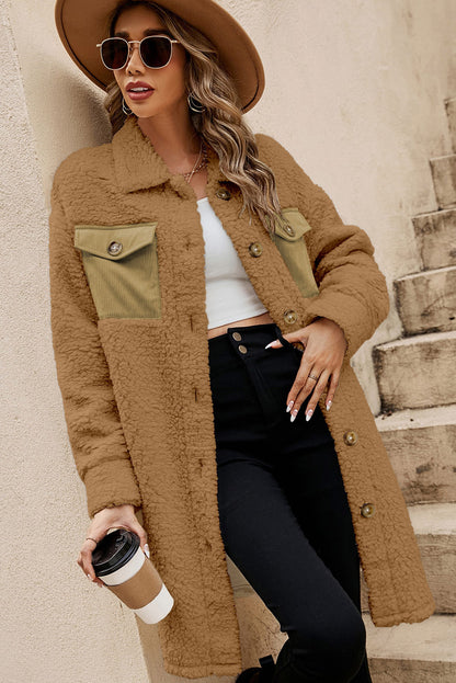 Khaki Single Breasted Teddy Coat with Contrast Flap Pockets