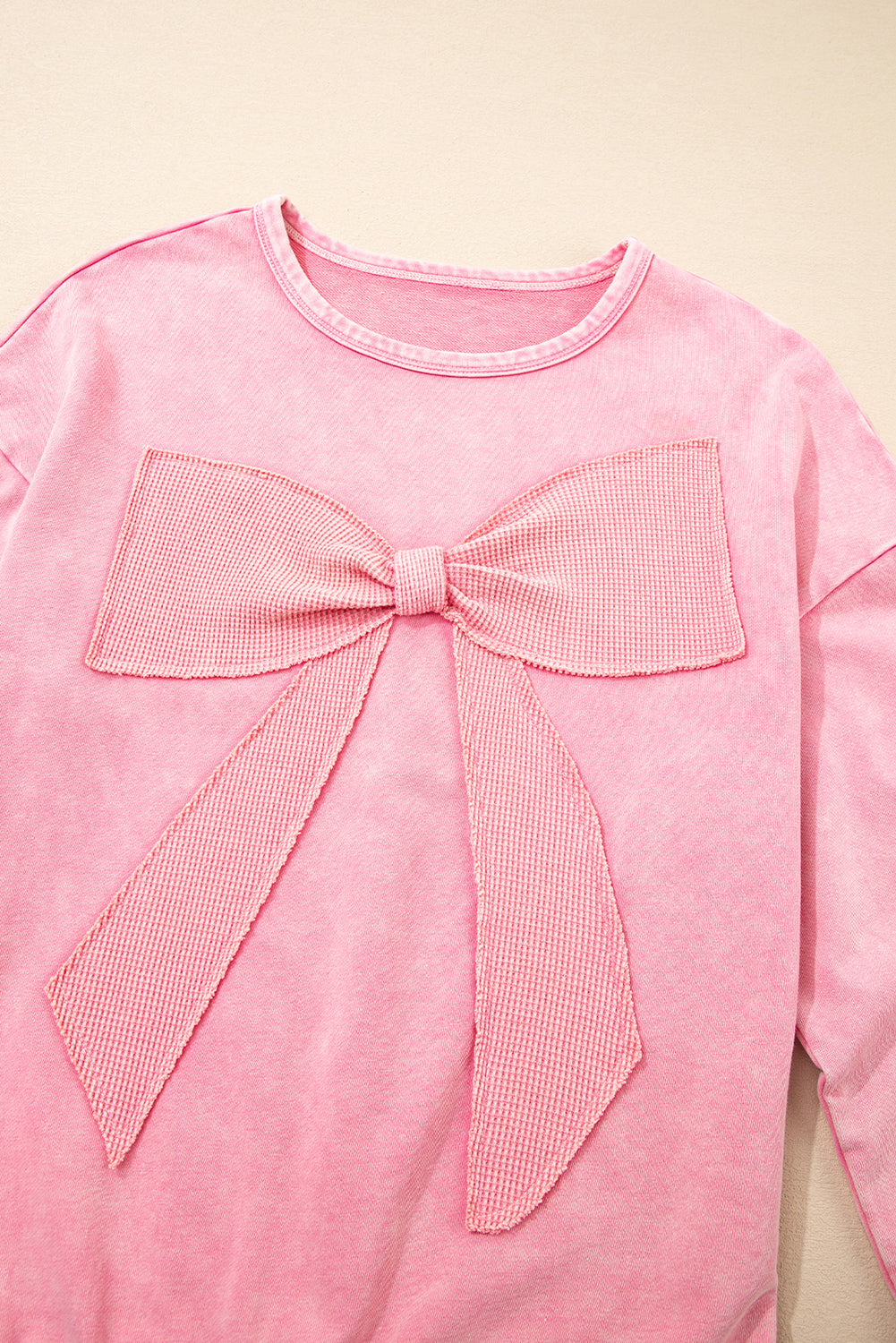 Premium Bright Pink Mineral Wash Big Bow Patchwork Pullover Sweatshirt Dear-Lover Dropshipping