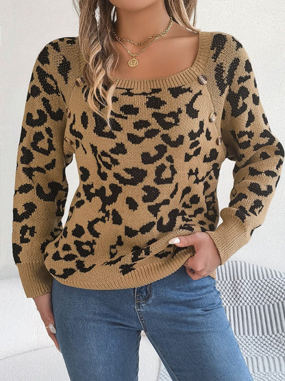 Leopard Buttoned Square Neck Sweater.