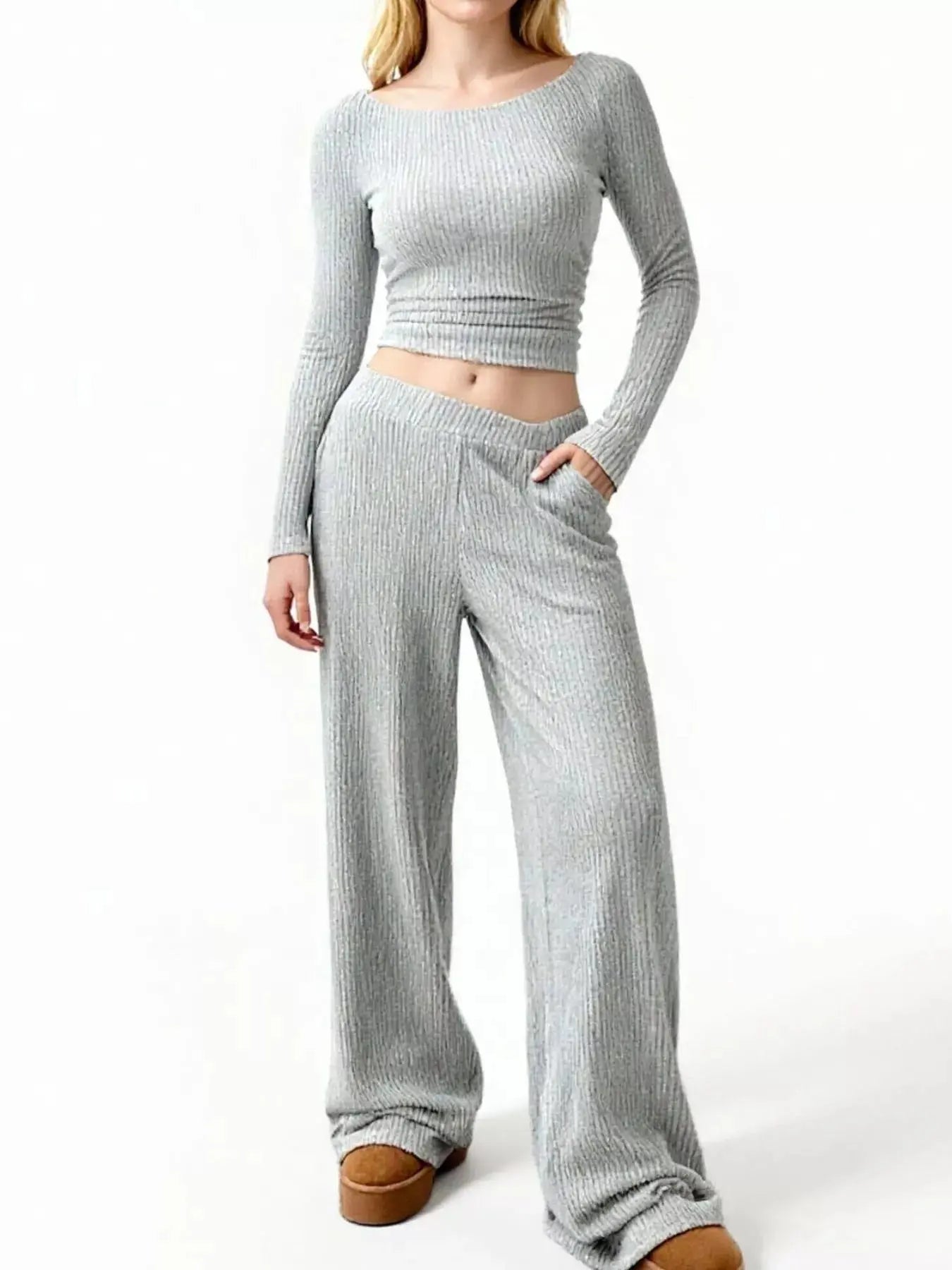 Two Piece Ribbed Knit Round Neck Top And Wide Leg Pants Set Silver Gray Simply Love